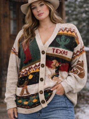 Vintage Sweater Loft XL Texas Rodeo Western Cowboy Horse Graphic Button Cardigan